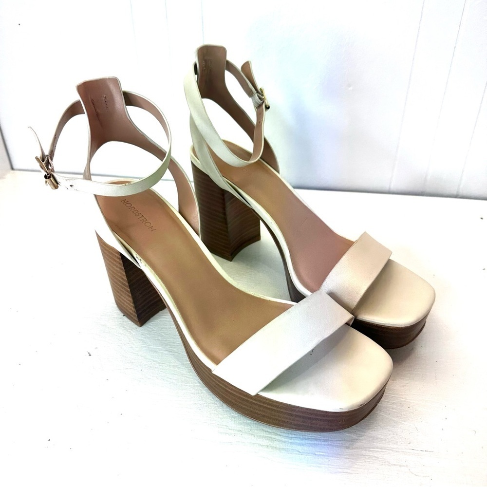 Nordstrom Noanita-Lea Ivory Leather Platform Sandals Wood Block Heel Size 9.5M